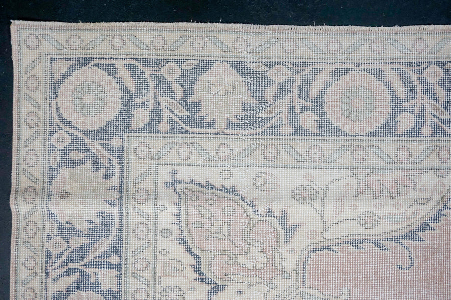 6’10 x 11” Vintage Oushak Rug Muted Navy Blue + Pale Pink