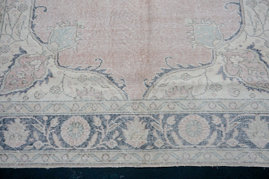 6’10 x 11” Vintage Oushak Rug Muted Navy Blue + Pale Pink