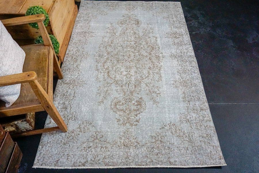 4’ x 6’10 Vintage Turkish Oushak Rug Light Fog Gray + Brown Overdyed Carpet