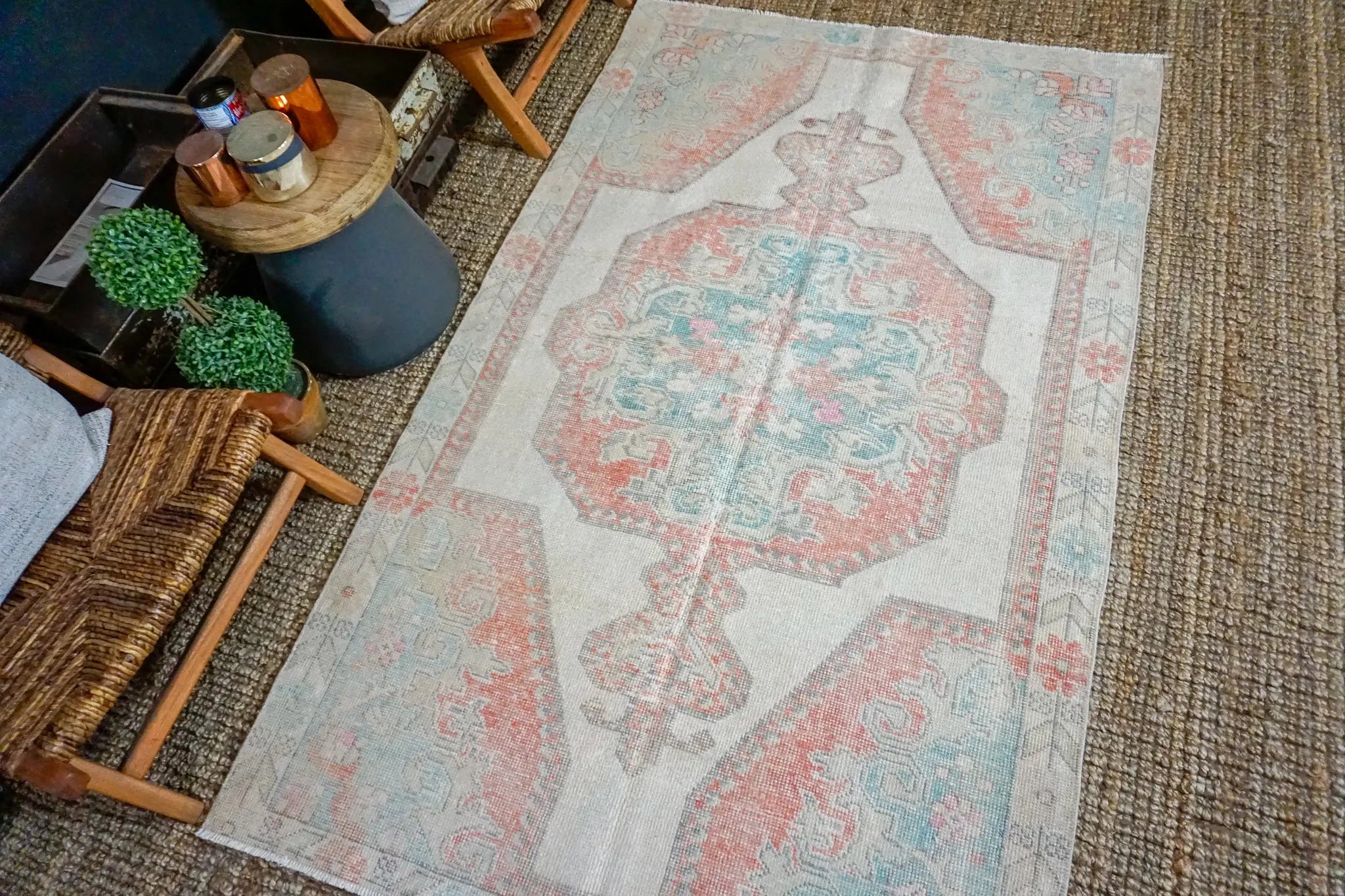 4’5 x 7’3 Turkish Oushak Rug Muted Cream, Red and Turquoise Vintage Carpet '3529 Linda's Barn