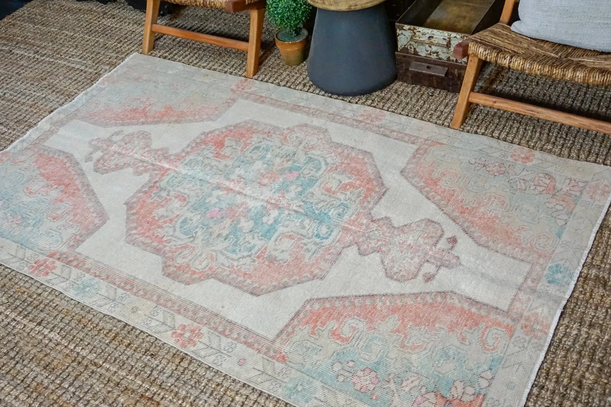 4’5 x 7’3 Turkish Oushak Rug Muted Cream, Red and Turquoise Vintage Carpet '3529 Linda's Barn
