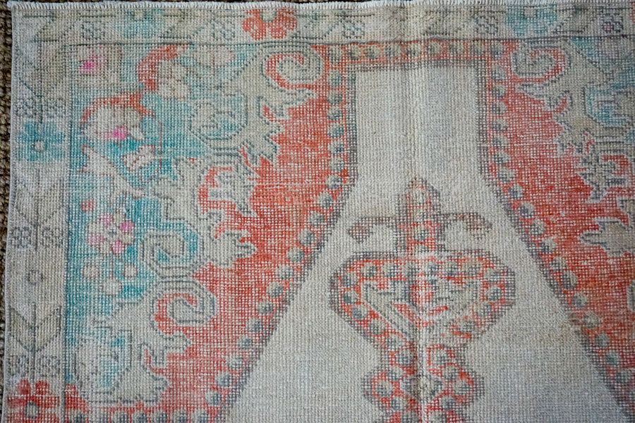4’5 x 7’3 Turkish Oushak Rug Muted Cream, Red and Turquoise Vintage Carpet