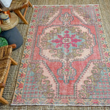4’3 x 7’4 Turkish Oushak Rug Muted Strawberry Pink and Blue Vintage Carpet