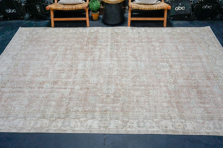 6’7 x 10’6 Vintage Oushak Rug Muted Pale Pink, Cream & Blue
