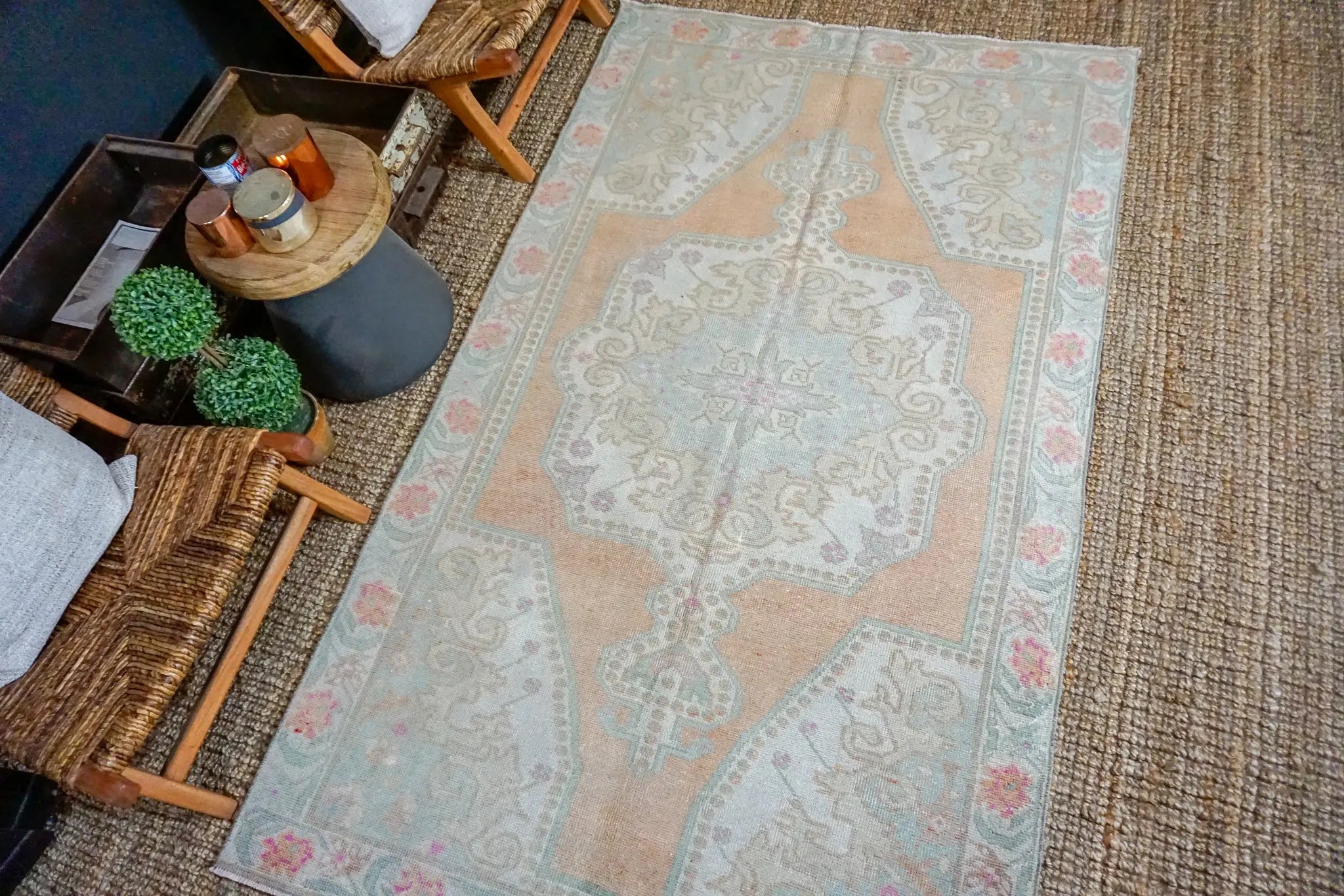 4’5 x 7’10 Turkish Oushak Rug Muted Apricot,Green + Pink Vintage Carpet '3524 Linda's Barn