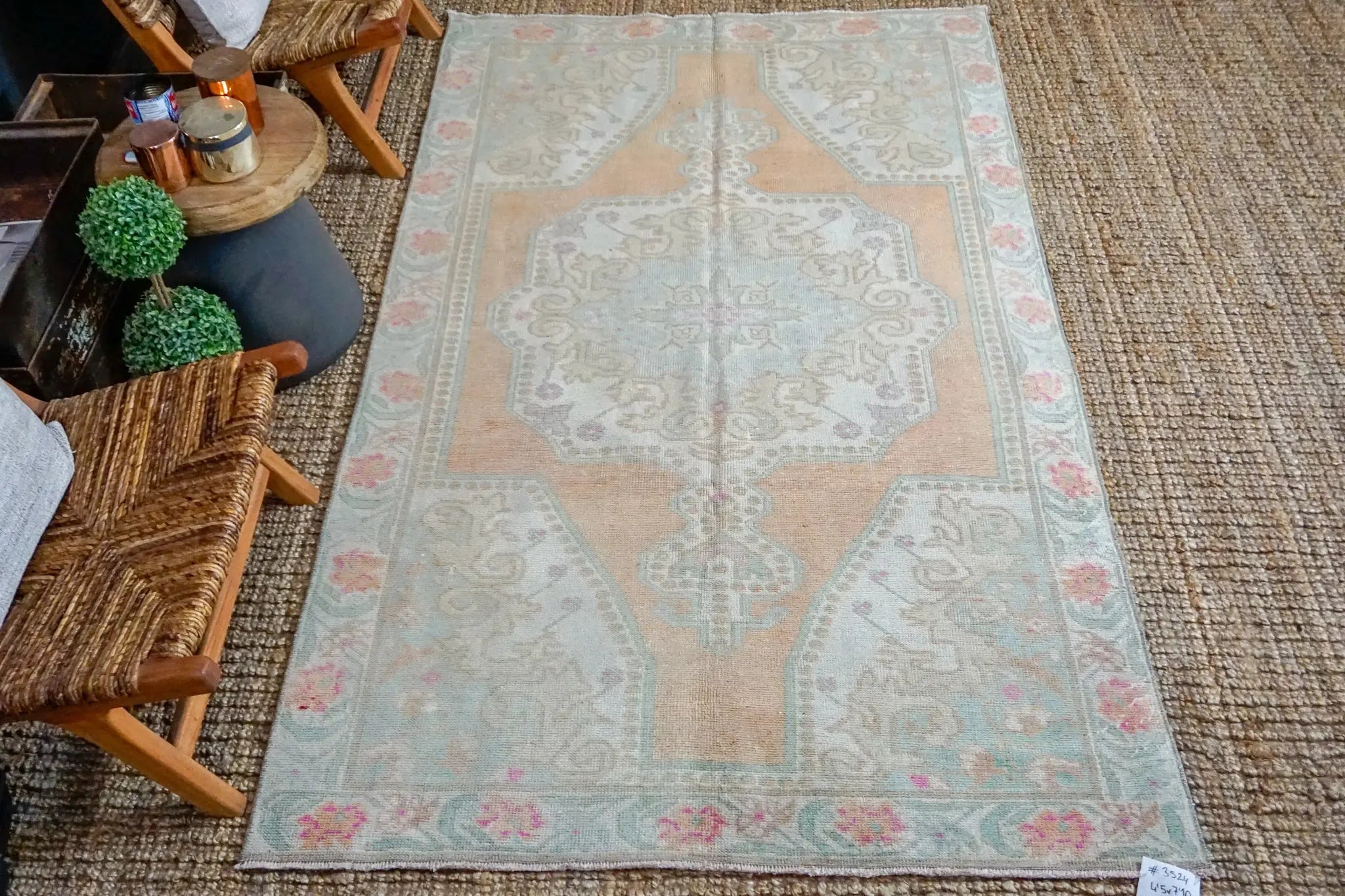 4’5 x 7’10 Turkish Oushak Rug Muted Apricot,Green + Pink Vintage Carpet '3524 Linda's Barn