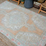 4’5 x 7’10 Turkish Oushak Rug Muted Apricot,Green + Pink Vintage Carpet