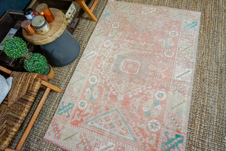 3’10 x 6’ Turkish Oushak Rug Muted Apricot, Green and Camel Beige Antique Carpet