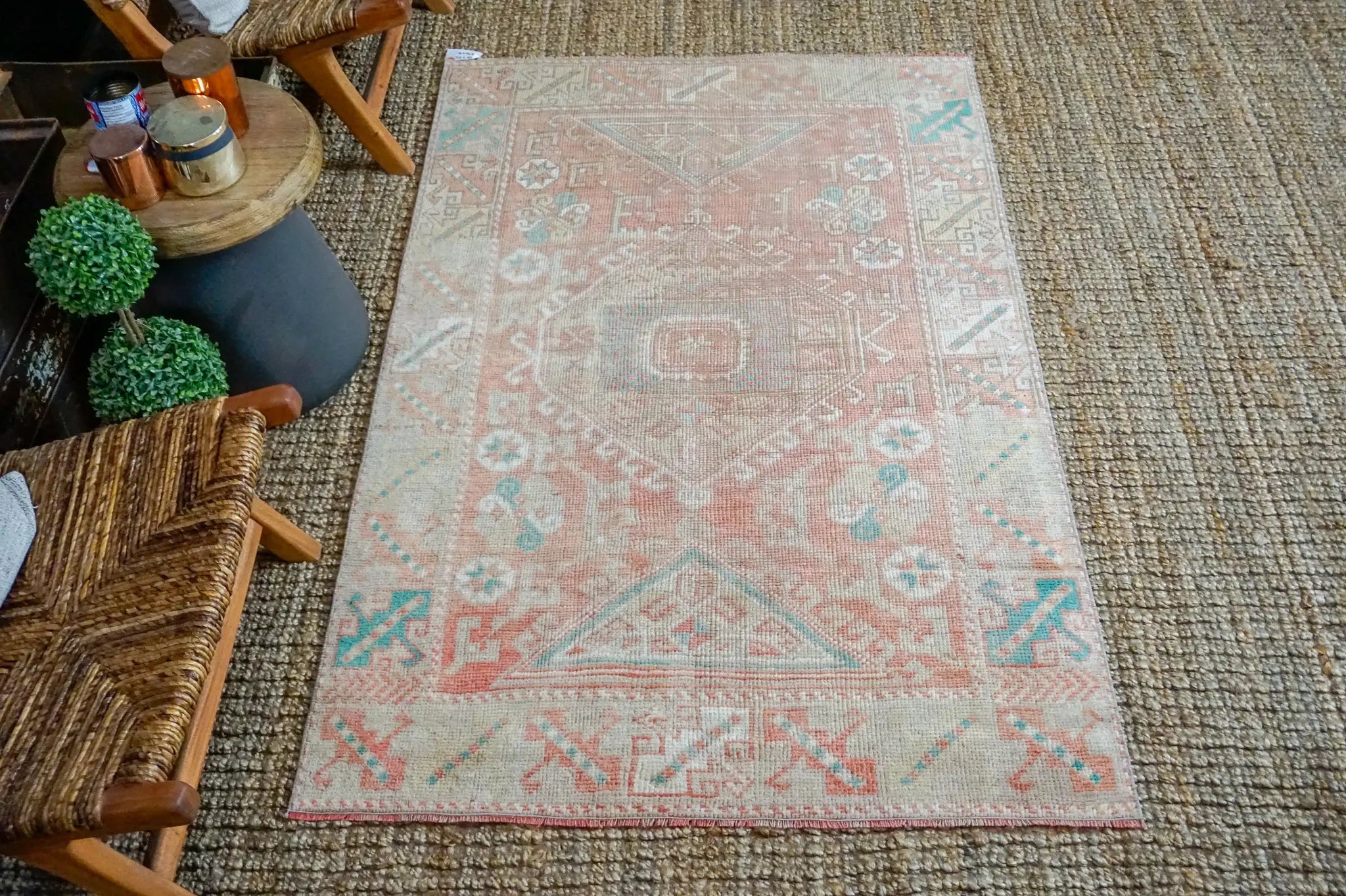 3’10 x 6’ Turkish Oushak Rug Muted Apricot, Green and Camel Beige Antique Carpet '3376 Linda's Barn