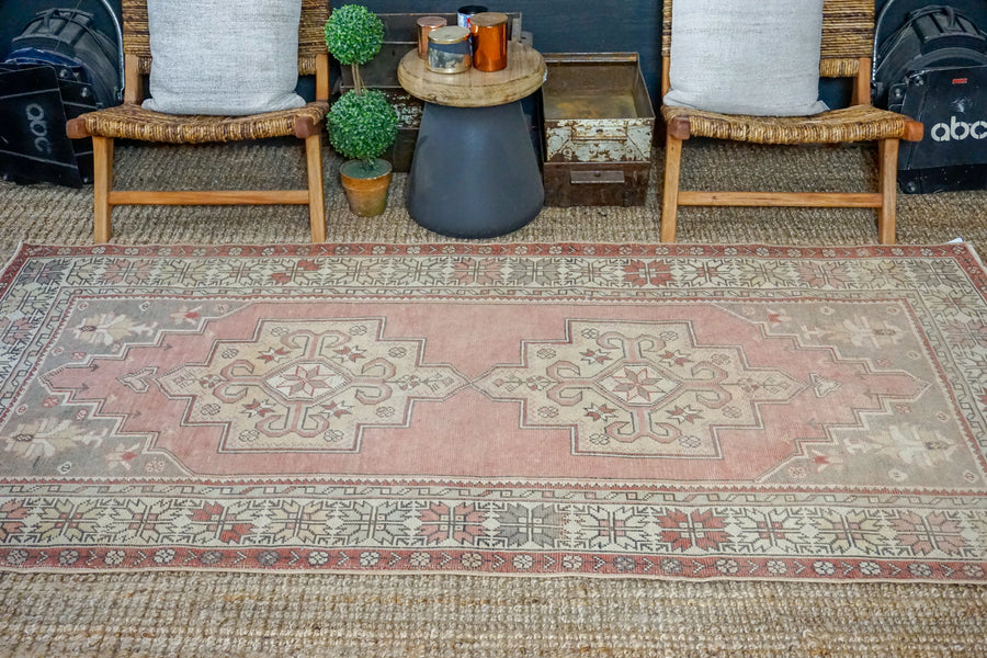 4’6 x 8’8 Turkish Oushak Rug Muted Copper, Taupe + Beige Vintage Carpet