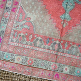 5’ x 10’ Turkish Oushak Rug Muted Watermelon Pink, Turquoise and Taupe Vintage Carpet