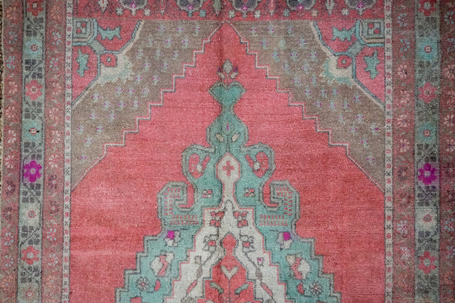 5’ x 10’ Turkish Oushak Rug Muted Watermelon Pink, Turquoise and Taupe Vintage Carpet