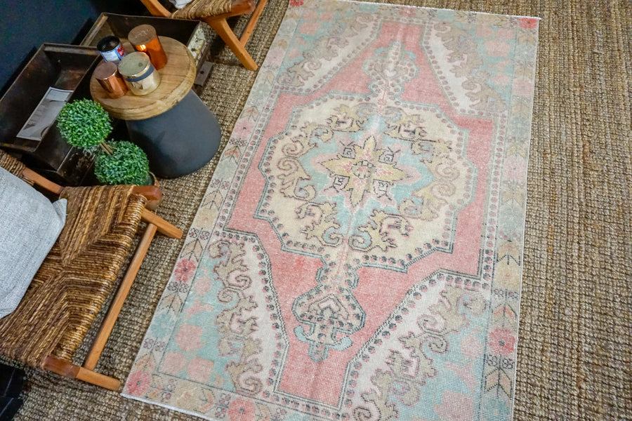 4’4 x 7’3 Turkish Oushak Rug Muted Coral Pink, Yellow + Blue Vintage Carpet