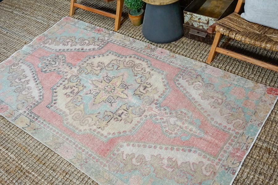 4’4 x 7’3 Turkish Oushak Rug Muted Coral Pink, Yellow + Blue Vintage Carpet