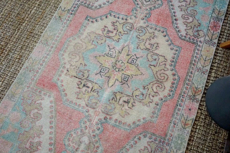 4’4 x 7’3 Turkish Oushak Rug Muted Coral Pink, Yellow + Blue Vintage Carpet