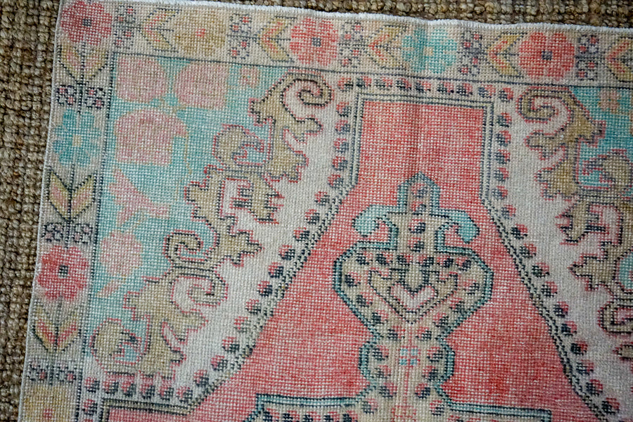 4’4 x 7’3 Turkish Oushak Rug Muted Coral Pink, Yellow + Blue Vintage Carpet