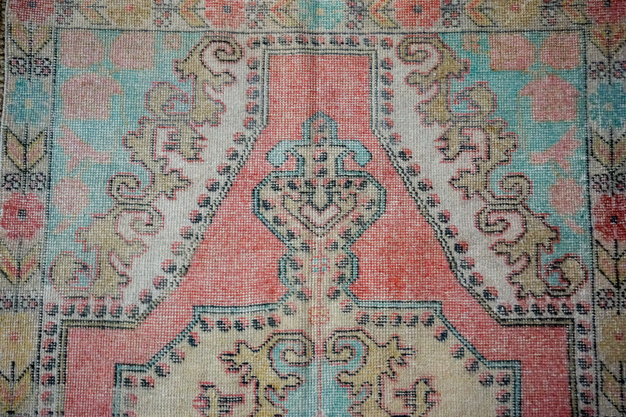 4’4 x 7’3 Turkish Oushak Rug Muted Coral Pink, Yellow + Blue Vintage Carpet