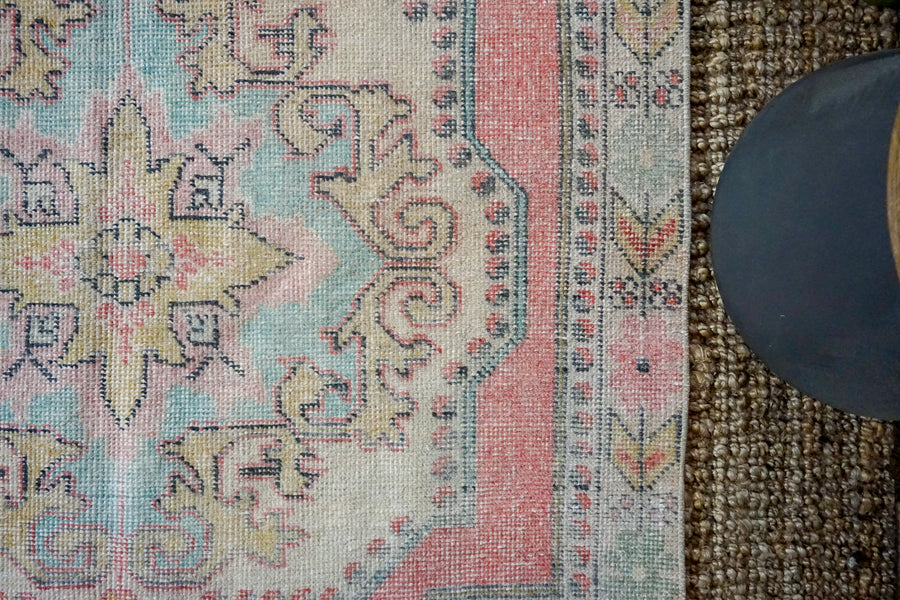 4’4 x 7’3 Turkish Oushak Rug Muted Coral Pink, Yellow + Blue Vintage Carpet