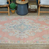 4’5 x 7’2 Turkish Oushak Rug Muted Coral Pink + Blue Vintage Carpet