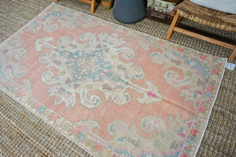 4’5 x 7’2 Turkish Oushak Rug Muted Coral Pink + Blue Vintage Carpet