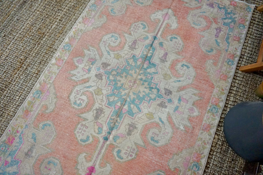 4’5 x 7’2 Turkish Oushak Rug Muted Coral Pink + Blue Vintage Carpet