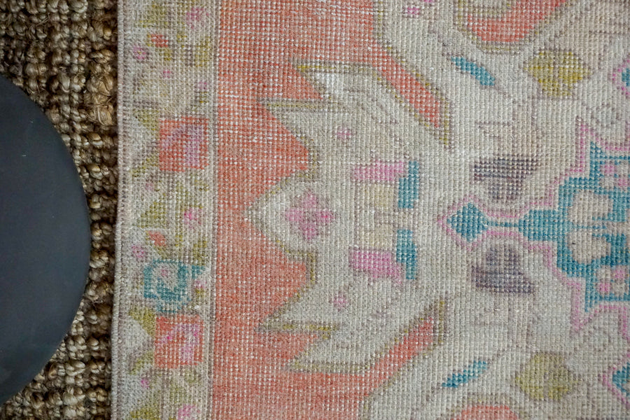 4’5 x 7’2 Turkish Oushak Rug Muted Coral Pink + Blue Vintage Carpet