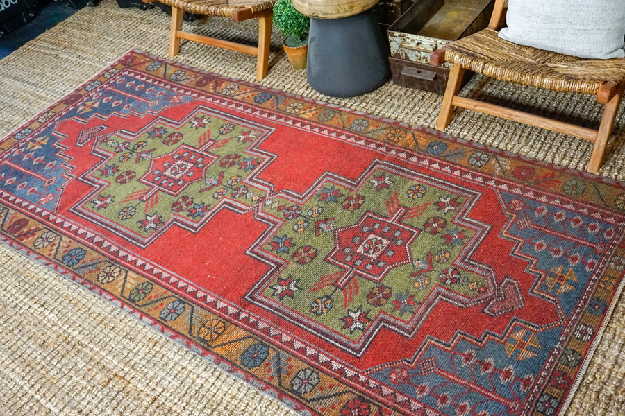4’4 x 8’11 Oushak Rug Red, Green and Blue Vintage Turkish Carpet