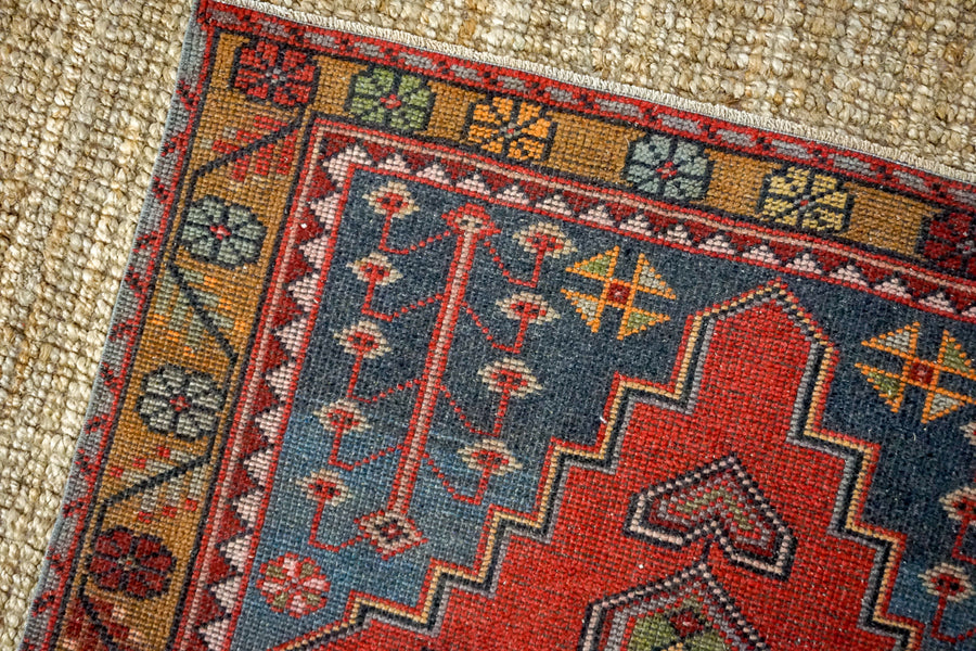 4’4 x 8’11 Oushak Rug Red, Green and Blue Vintage Turkish Carpet