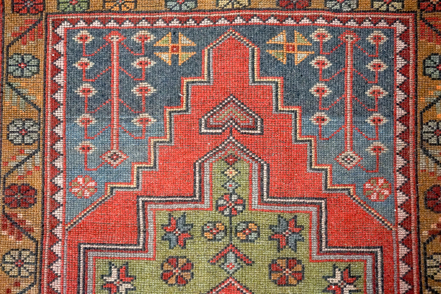 4’4 x 8’11 Oushak Rug Red, Green and Blue Vintage Turkish Carpet