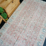 4’8 x 8’  Vintage Turkish Oushak Rug Red, Cream, Blue and Green SB