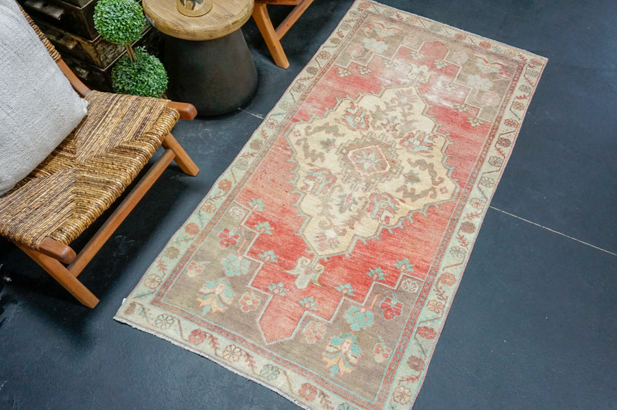 3’2 x 6’3 Vintage Oushak Runner Muted Coral, Ecru & Mint