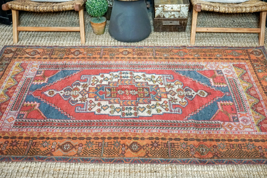 4’4 x 7’6 Oushak Rug Muted Red, Blue + Orange Vintage Turkish Carpet