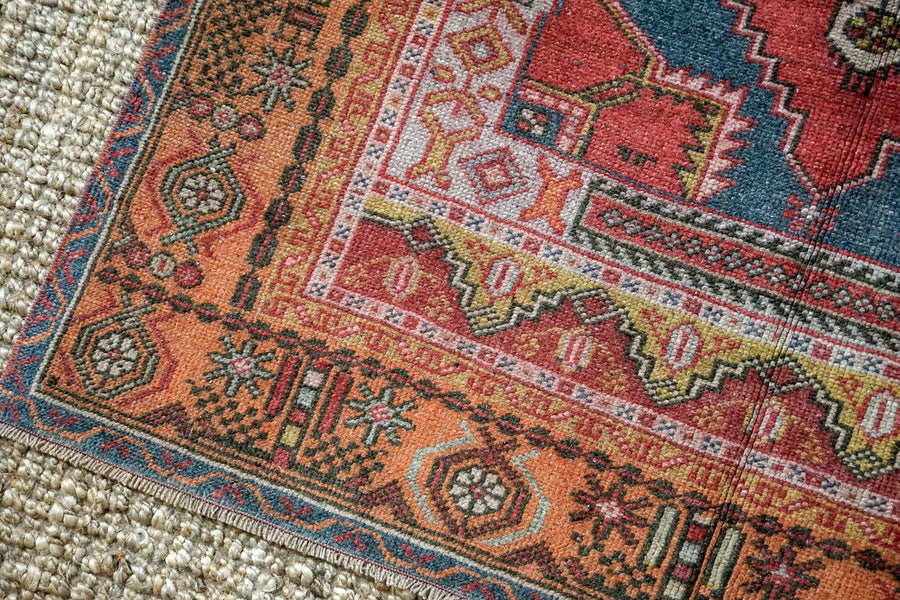 4’4 x 7’6 Oushak Rug Muted Red, Blue + Orange Vintage Turkish Carpet