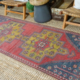 3’3 x 8’10 Vintage Turkish Oushak Runner Muted Red, Blue and Brass