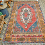 4’2 x 7’10 Oushak Rug Muted Red, Gray + Tangerine Vintage Turkish Carpet