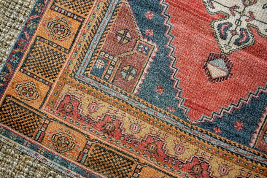 4’2 x 7’10 Oushak Rug Muted Red, Gray + Tangerine Vintage Turkish Carpet