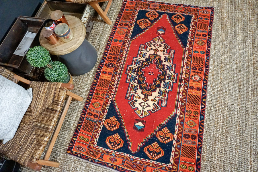 3’8 x 6’4 Oushak Rug Carrot, Blue and Red Vintage Turkish Carpet