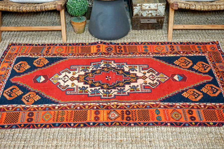 3’8 x 6’4 Oushak Rug Carrot, Blue and Red Vintage Turkish Carpet