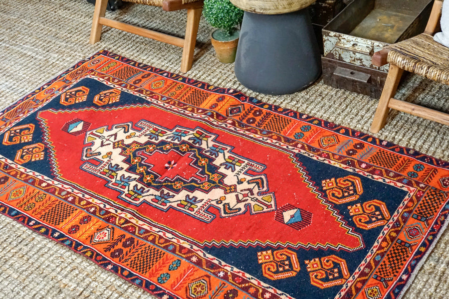 3’8 x 6’4 Oushak Rug Carrot, Blue and Red Vintage Turkish Carpet