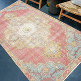 4’3 x 8’8 Vintage Oushak Rug Muted Red, Sand & Blue-Gray