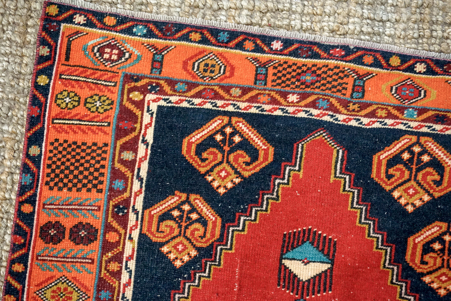 3’8 x 6’4 Oushak Rug Carrot, Blue and Red Vintage Turkish Carpet