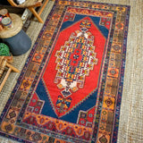 4’5 x 8’3 Oushak Rug Red, Blue and Melon Vintage Turkish Carpet '3523