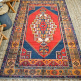 4’5 x 8’3 Oushak Rug Red, Blue and Melon Vintage Turkish Carpet '3523