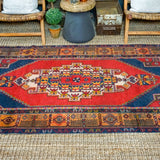 4’5 x 8’3 Oushak Rug Red, Blue and Melon Vintage Turkish Carpet '3523