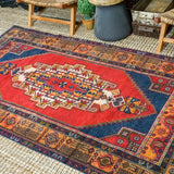 4’5 x 8’3 Oushak Rug Red, Blue and Melon Vintage Turkish Carpet '3523