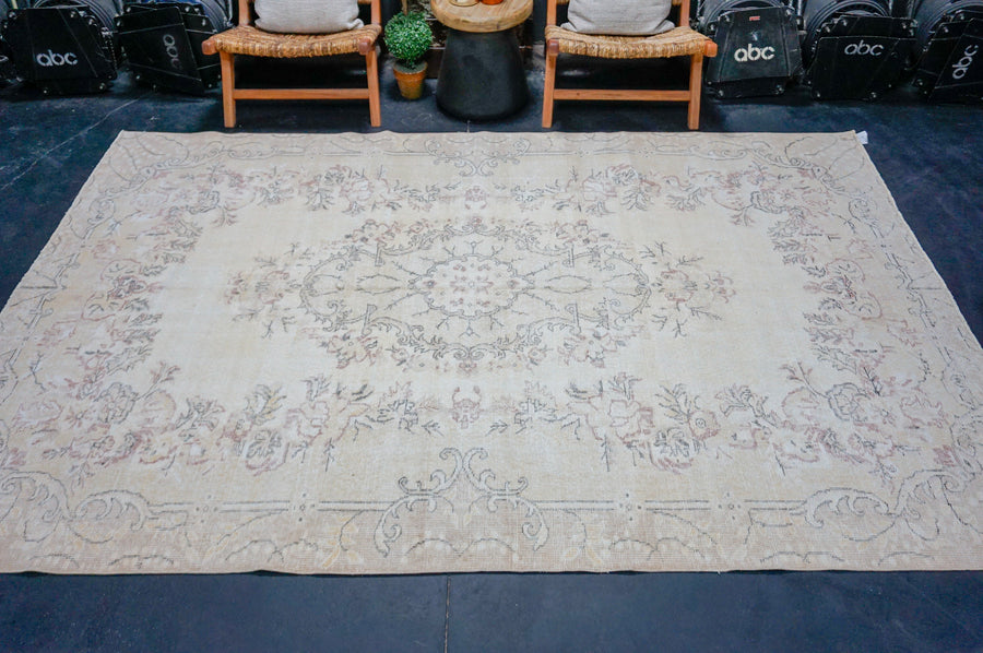 6’6 x 10’ Vintage Oushak Rug Muted Beige, Wine + Black