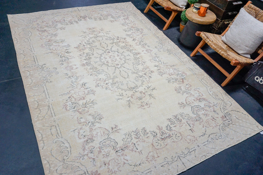 6’6 x 10’ Vintage Oushak Rug Muted Beige, Wine + Black