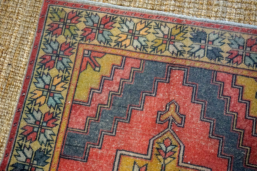 4’7 x 9’ Oushak Rug Muted Red, Denim + Honey Vintage Turkish Carpet