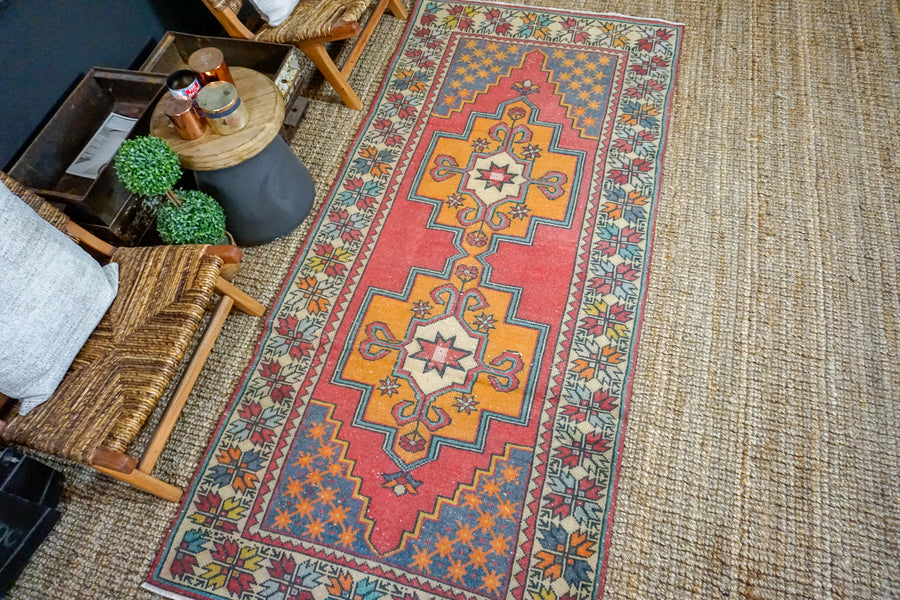 3’9 x 8’7 Oushak Rug Muted Red, Denim + Tangerine Vintage Turkish Carpet