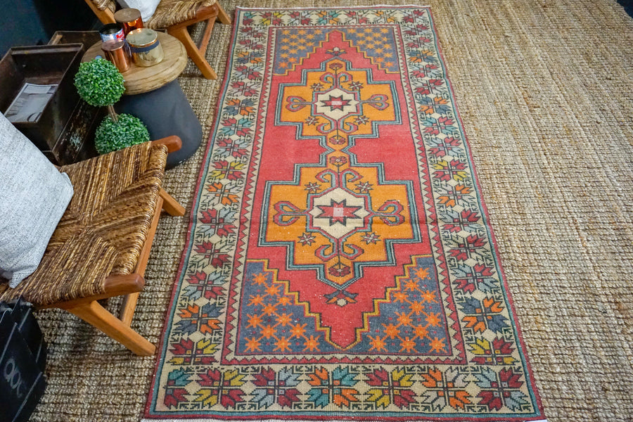 3’9 x 8’7 Oushak Rug Muted Red, Denim + Tangerine Vintage Turkish Carpet